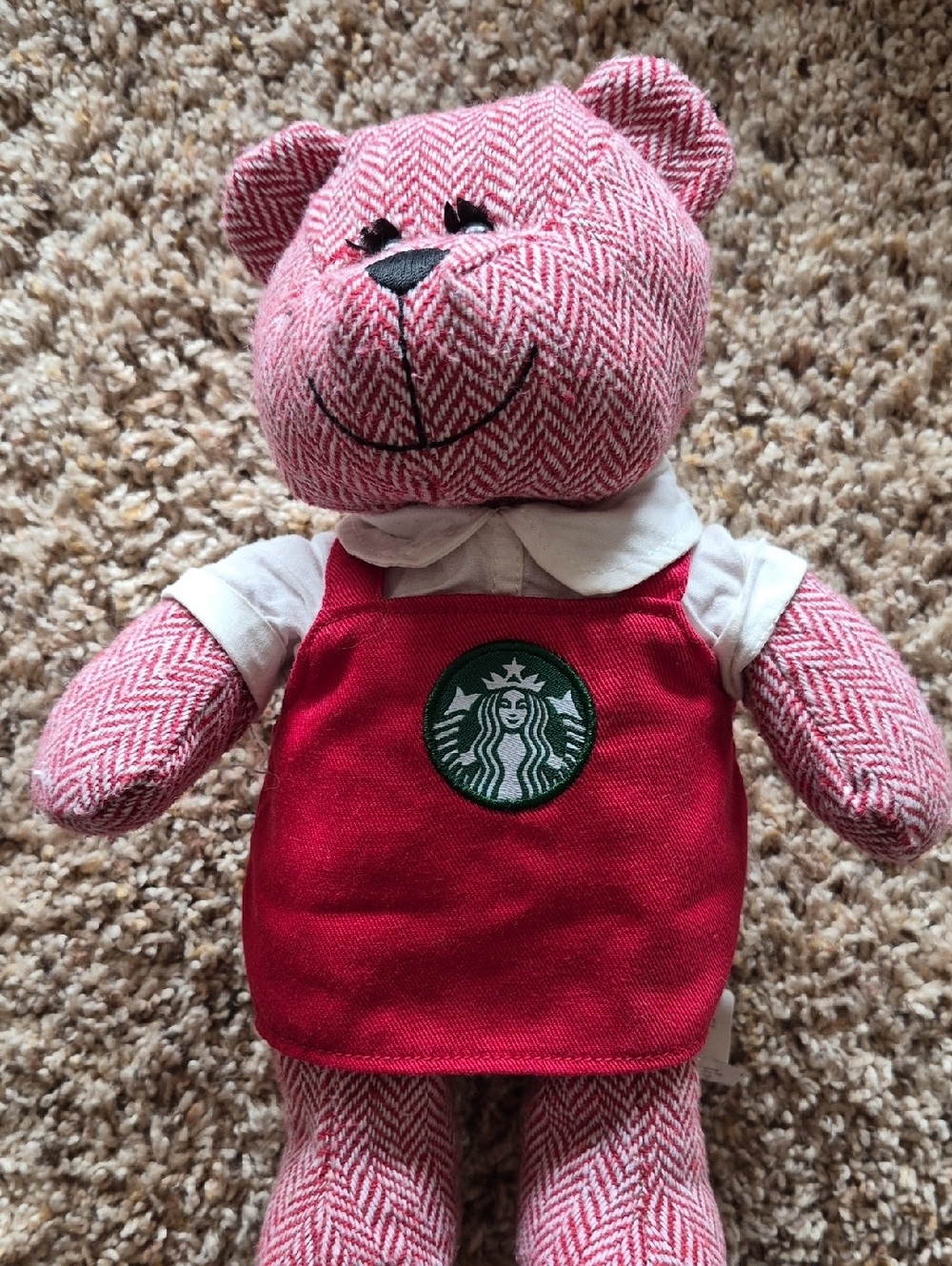 Starbucks Pink Herringbone Bear with Red Branded Apron